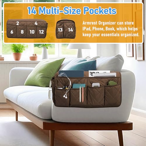 Armchair Caddy, Sofa Armrest Organizer, Non Slip Recliner Organizer, Remote Control Holder for Recliners, Couch Caddy with 14 Pockets Storage for TV Remote, Phone, Magazine (Brown) - color: Brown