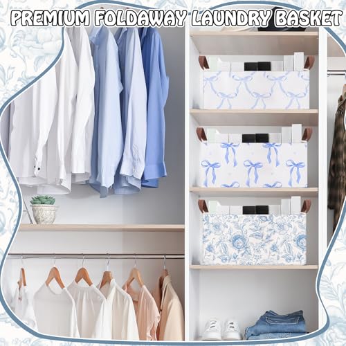 Boao 3 Pcs Blue Bow Storage Bin Collapsible Large Storage Baskets for Gifts Empty Candy Holiday Decor Canvas Laundry Basket Foldable Box with Handle for Office Home Bedroom Clothes - style: Blue Bow