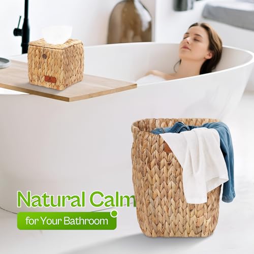 Handwoven Water Hyacinth Decorative Basket, Small Bathroom Trash Can 10L, Open-Top Woven Organizer for Bathroom, Bedroom & Living Room, Natural Fiber, 11 Inch - size: 11 Inch (28 cm), style: Bathroom Trash Can