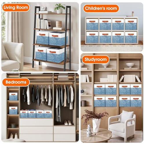 Fab totes Collapsible Storage Baskets for Shelves,14"x10", 8 Pack Foldable Fabric Storage Bins with Double Leather Handles, Large Baskets for Organizing Books, Clothes, White & Blue - color: Blue, size: 8pack