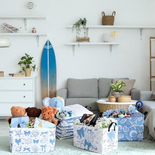 4 Pcs Coastal Beach Storage Basket Fabric Laundry Baskets with Handle Summer Ocean Blue Bow Foldable Organizer Boxes for Office Home Bedroom Baby Cloth Toy Book 15 x 10 x 8 - style: Summer Shell