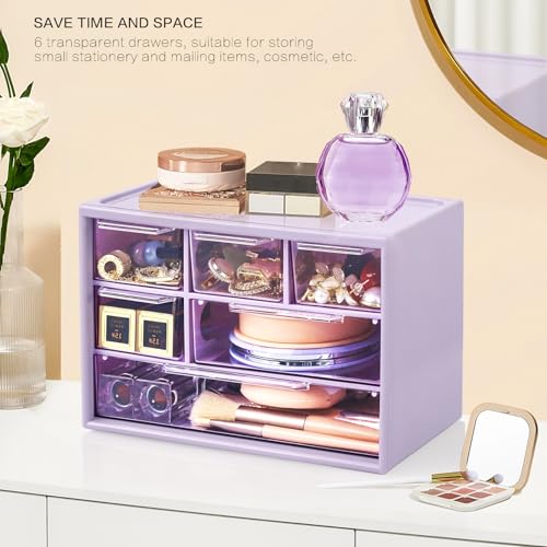 Desk Storage Organizer with 6 Mini Drawers, FODIENS Stackable Desktop Craft Drawer Cabinet, Clear Storage Box Caddy for Makeup Jewelry Office Craft Supplies (Purple) - color: Purple