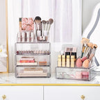 Vtopmart 3 Tier Clear Makeup Organizer with Drawer, Cosmetic Storage for Dresser Countertop and Bathroom Vanity, Beauty Holder for Lipstick Brush Skincare - style: 3 Tier