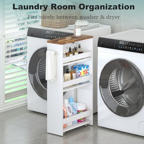MARTY Rolling Storage Cart 4-Tier White Kitchen Cart with Wheels,Slim Storage Cart with Handle Slide Out Utility Cart Shelving Unit Organizer Trolley for Laundry Narrow Places Bathroom Small Corner - color: White, size: 5.51"D x 15.75"W x 31.5"H