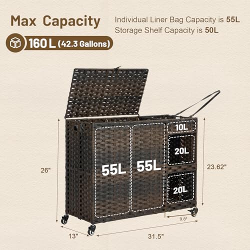 Laundry Hamper with Wheels, 42.3 Gal.(160 L) Laundry Sorter with Shelves, Rattan Clothes Hamper with 4 Removable Liners & 3 Mesh Bags, Handwoven Organizer for bedroom, bathroom, laundry room, Brown - color: Brown