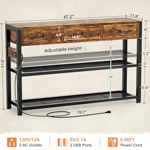 Ecoprsio 47'' Entryway Table with Outlets and USB Ports, Console Table with 3 Drawers, Sofa Table Narrow Long with Storage Shelves for Living Room, Couch, Hallway, Foyer, Kitchen Counter, Rustic Brown - color: Rustic Brown, size: 47-In