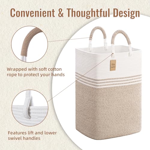 Laundry Basket Hamper,Blanket Storage,Dirty Clothes Hamper with Swivel Handles,Woven Cotton Rope Toy Baskets,Blanket Basket Living Room,Decorative Hampers for Nursery,Bedroom,White & Linen,60L - color: White & Linen, size: 60L