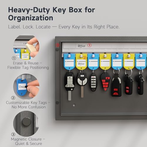 WeHere 16 Key Lock Box - Wall Mounted Key Cabinet with 3-Digit Combination Lock & Backup Key, Key Organizer Lockbox for Home, Office, Rental, Property Management, Includes Key Tags - size: 16 keys(basic)