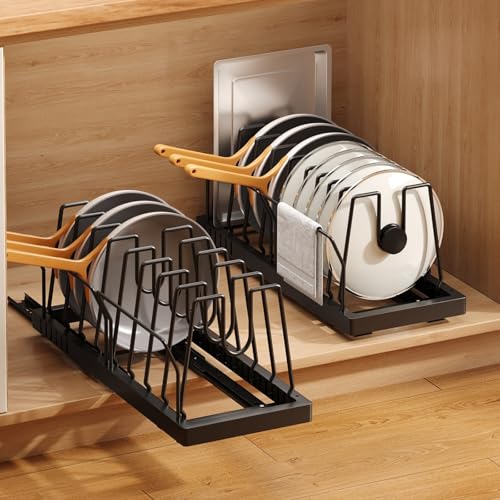 Mustorn 2 Pack Pots and Pans Organizer Under Cabinet, 21.6" Deep Pull Out Pot Lid Organizer Holder with Guardrail Adhesive Pot and Pan Holder Rack with 10 Adjustable Dividers(Black) - color: Black, size: 2 Pack