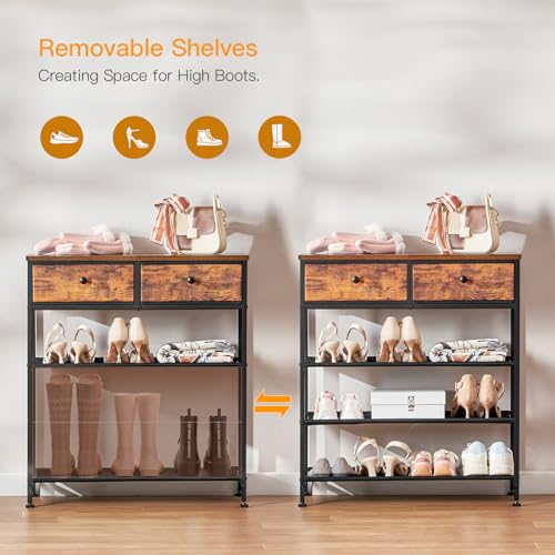 usikey Shoe Rack, 4 Tier Shoe Storage Organizer with 2 Drawers, Metal Shoe Shelf for 9-12 Pairs of Shoes, with 3 Oxford Fabric Shelves and Wooden Top, Shoe Stand for Entryway, Rustic Brown UNYXJX012F - color: 4 Tier ( 28.3 X 11 X 29.5 Inches)-rustic Brown