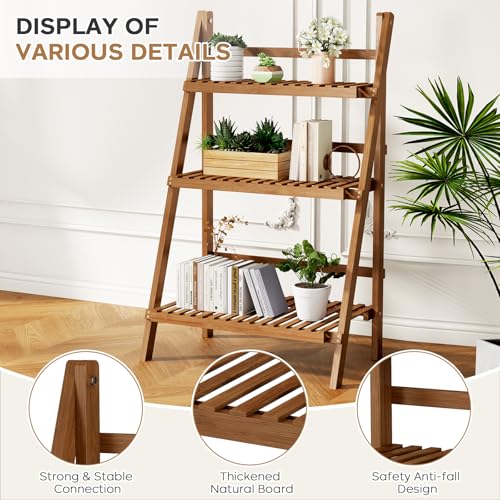 39.4" Bamboo Ladder Shelf Plant Shelf, 3 Tier Foldable Ladder Flower Pot Display Shelf Rack, 23.6"W x 15"D x 39.4"H, Freestanding Bookshelf for Garden, Balcony, Yard, Patio, Lawn, Living Room, Walnut - color: 3-tier Walnut