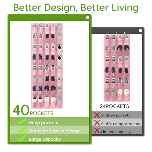 Unjumbly Over the Door Shoe Organizer with 40 Large Breathable Mesh Pockets, Space Saving Shoe Holder, Hanging Shoe Rack for Entryway Bedroom Closet Storage (Pink, 40 Pockets) - color: Pink, size: 40 Pockets