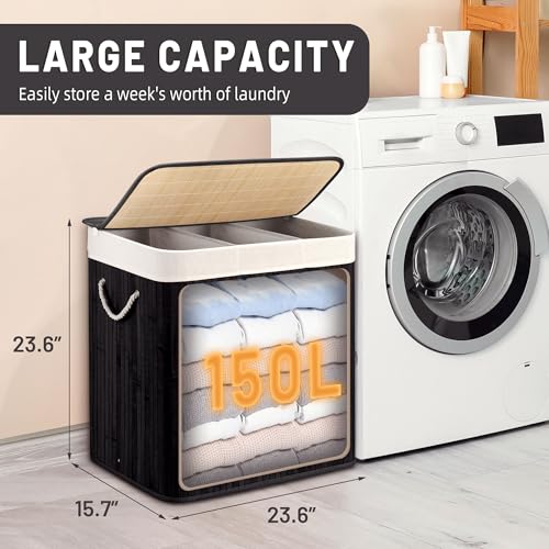 Aliphon 150L Laundry Hamper with lid, 3-Section Clothes Laundry Basket with Handles, Large Collapsible Bamboo Baskets for Bedroom, Bathroom, Dorm, Ink Black - color: Ink Black, size: 150L