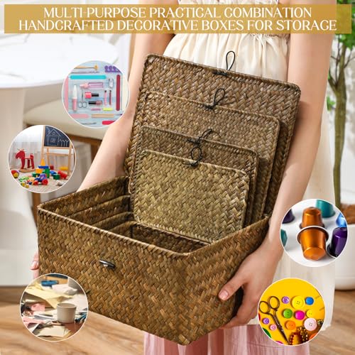 Woanger Set of 4 Wicker Storage Baskets Organizer，Handwoven Storage Bins with Lid for Organizing, Home Utility Box for Home Office Supplies Multipurpose Container(Retro Color) - color: Retro Color