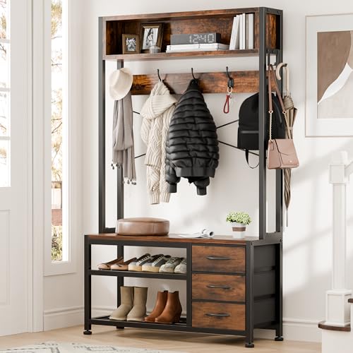 Lulive Hall Tree with Bench and Shoe Storage, 31.5" Coat Rack Freestanding with 2-Tier Storage Shelf, 6-in-1 Entryway Bench Coat Rack with 12 Hooks and 3 Drawers(Rustic Brown) - color: Rustic Brown