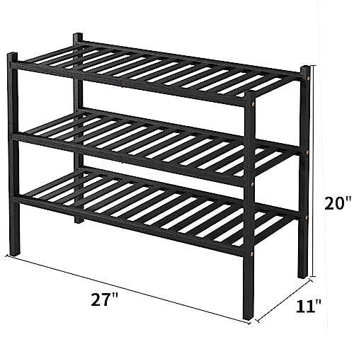 ROMGUAR CRAFT 3 Tier Bamboo Shoe Rack for Closet Free Standing Wood Shoe Shelf Storage Organizer for Entryway Small Space Stackable 27"x11"x20" (Black) - color: Black, size: 3 Tier