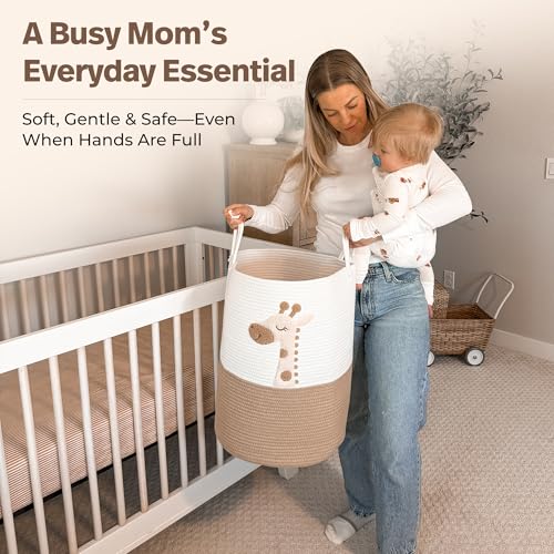 Baby Laundry Basket & Nursery Hamper – 20"x15" Large Giraffe Baby Hamper for Nursery Decor, Tall Woven Rope Dirty Clothes Laundry Hamper with Handles, Safari Animal Baby Room Storage Bin (White & Tan) - color: Giraffe