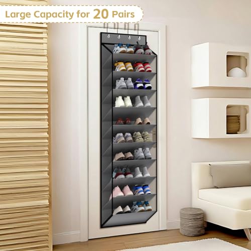 KEEPJOY 10 Tiers Mesh Over Door Shoe Organizer Storage, Hanging Shoe Holder for Door with Large Deep Pockets, Holds 20-30 Pairs of Shoes, Ideal for Sneakers & Boots(Grey) - color: Grey-1 Pack of 10 Cell