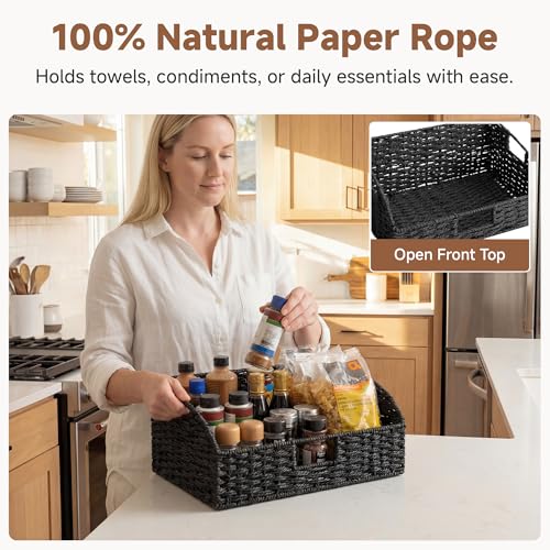 StorageWorks Wicker Baskets with Handles, Pantry Organizers and Storage, Paper Rope Pantry Baskets for Shelves, Black， 2-Pack - color: Black(Paper Rope), size: 15¾"L x 11"W x 7½"H + 14¼"L x 9¾"W x 6¾"H