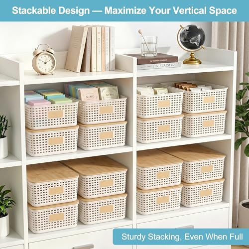 Bagnizer 4 Pack Plastic Storage Bins with Bamboo Lids, 6.2qt Stackable Storage Organizer Box with Lable for Pantry Shelves Drawers Desktop Office, 12"L x 8.5"W x 3.5"H, Cream White - color: Cream White, size: Shallow- 4 Pack