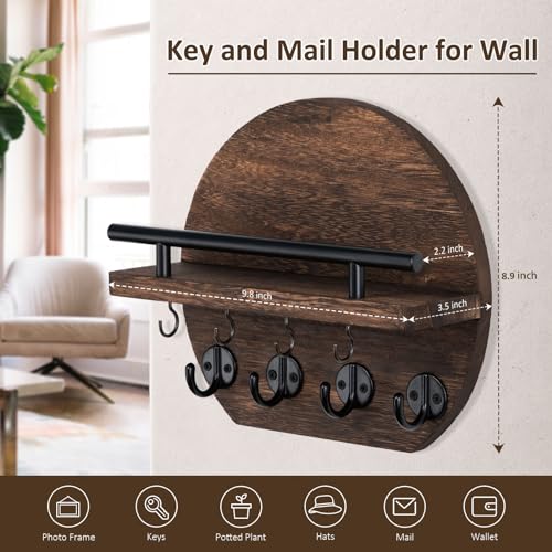 Nekon Key Holder for Wall - 9.8 Inch Apartment Wall Decor with Shelf and 8 Key Hooks, Circular Wood Key Hanger for Home Decor (Brown) - color: Brown