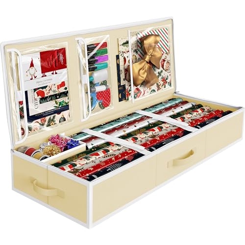 Simple Houseware 41.5" Wrapping Paper Storage Organizer - Fits 40 Rolls with Adjustable Straps, Interior Divider for Ribbons & Bows, 3 Clear Pockets for Gift Bags & Tools, 41.5''L x 16''W, Beige - color: Beige