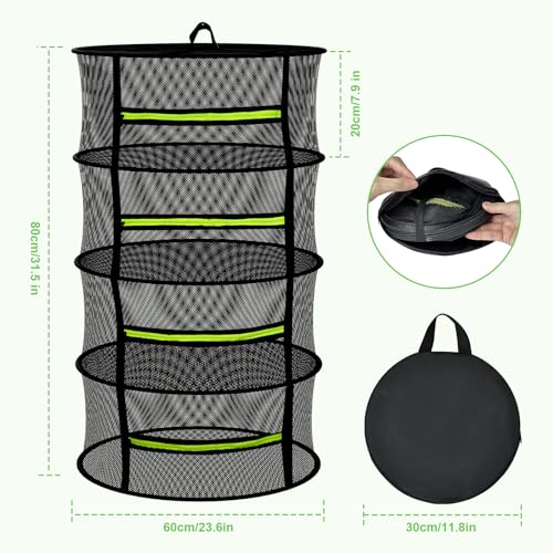 MEKOLIFE Herb Drying Rack Hanging-4 Layer, Plant Drying Rack, Bud Drying Net,Foldable Hanging Dry Rack Net with Green Zipper, Garden Shears & Hooks, for Herbs, Seeds Indoor/Outdoor (23.62") - size: 4 Layers