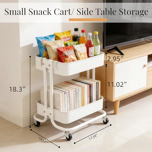 2 Tier Under Desk Storage Cart with Wheels Heavy Duty Metal Short Rolling Pantry Storage Cart for Small Space, Utility Trolley for Kitchen Bathroom Laundry Cute Snack Craft Organizer, White - color: White-1