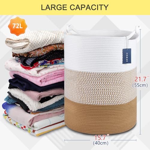 COMSE Extra Large Blanket Basket, Tall Woven Storage Basket, Nursery Hamper, 15.7”x 21.7”, Cotton Rope Laundry Hamper for Toys Clothes Towels, White/Camel - color: White & Camel Mix