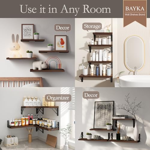 BAYKA Floating Shelves for Wall, Book Shelf for Bedroom, Decor Shelves for Living Room Kitchen, Mounted Wood Floating Shelf for Home Decor, Corner Shelf for Bathroom, Office(Dark Brown,Set of 4) - color: D. Dark Brown Board & Black Brackets, size: 16-inch