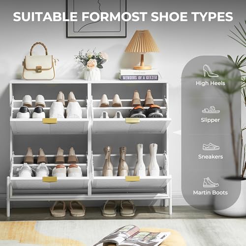Shoe Cabinet Storage with 4 Flip Drawers, Narrow Hidden Shoes Organizer Cabinet for Entryway, Freestanding Slim Shoe Rack Front Door Entrance(White) - color: White, size: Large