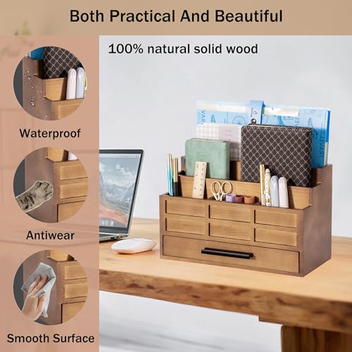 dreampossible Brown Wood Desk Organizer and Accessories with Drawer, Bill Mail Organizer and File Mail Holder for Office Supplies, Rustic Desk Accessories & Workspace Organizers - color: Brown B