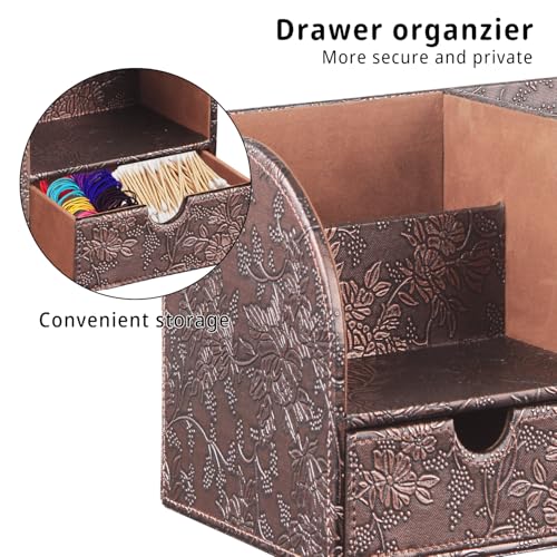 YAPISHI Tissue Box Cover with Storage Tray and Drawer, PU Leather Square Tissue Box Holder, Modern Cube Facial Tissue Dispenser, Makeup Holder, Remote Control Organizer for Nightstand, Bathroom Vanity - color: Archaize