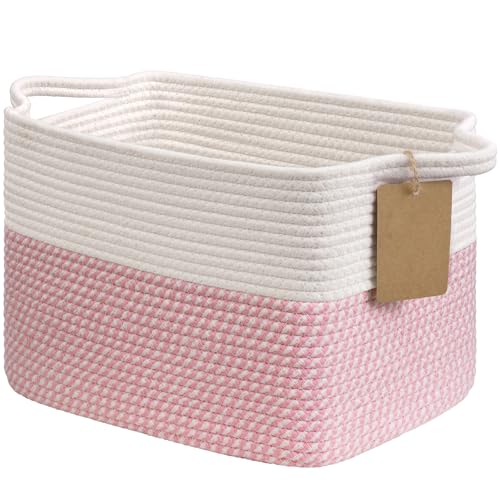 Goodpick Woven Storage Basket, 13" x 10" x 9" Storage Baskets for Organizing, Rope Gift Basket with Handles, Baby Baskets Kids Toy Organizer for Living Room, Pink - color: White Pink, size: 13"L x 10"W x 9"H