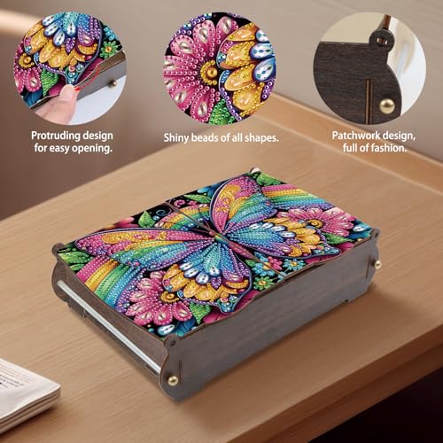 antor DIY Rainbow Butterfly Diamond Painting Wooden Storage Box, Special Shaped Rhinestone Art Desktop Organizer with Flip Lid, Handmade Art Tabletop Decorations Gift for Adults - color: Butterfly