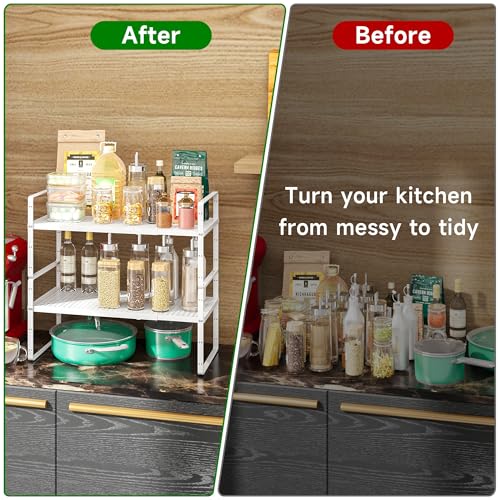 Expandable Kitchen Cabinet Shelf Organizer Rack Heavy Duty Metal Spice Rack Stackable Counter Storage Shelf for Kitchen Cabinet Pantry Bathroom (White - 16.5"-27" L x 10.2" W x 9.6" H - 1Pack) - color: White - 16.5"-27" L X 10.2" W X 9.6" H - 1pack