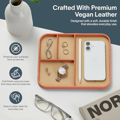 Nordik Leather Valet Tray - Coral Blush Pink - 9.5 x 7.9 Inch Medium Vegan Leather Tray - Stylish Nightstand Organizer for Men - Modern Bedside Caddy - EDC Catchall for Key Watch Wallet Jewellery - color: Coral Blush, size: 9.5in x 7.9in