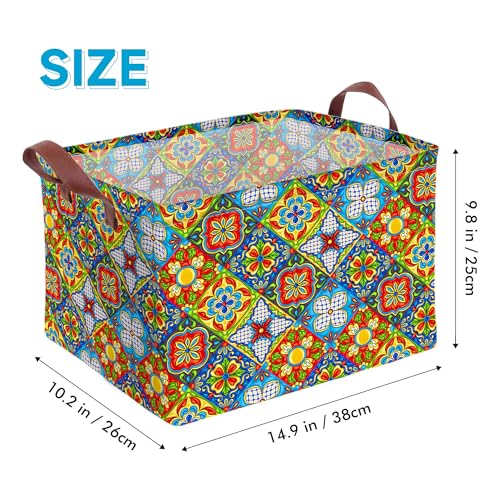 Mexican Talavera Decor Storage Basket Waterproof Canvas Toy Storage Bin Mexican Decor For Home Collapsible Outdoor Basket with Leather Handles Mexican Gifts Blanket Baskets For Closets,Bedrooms - color: Mexican Talavera Decor