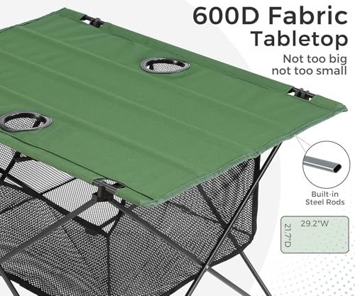 Lightweight Camping Table - Portable Folding Beach Side Table w/2 Cup Holders & Large Storage Basket, Compact Fold for Tailgate Travel Outdoor Fishing Picnic | 29.2" W x 21.7" D (Green) - color: C: Green
