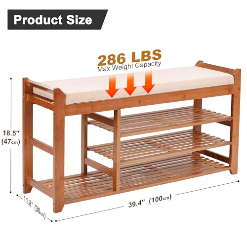 PETKABOO Shoe Rack Bench with Cushion 39.4“, Shoe Rack for Front Door Entrance, Shoe Bench with Storage for Entryway Hallway Bedroom Living Room - color: Brown, style: 39 in