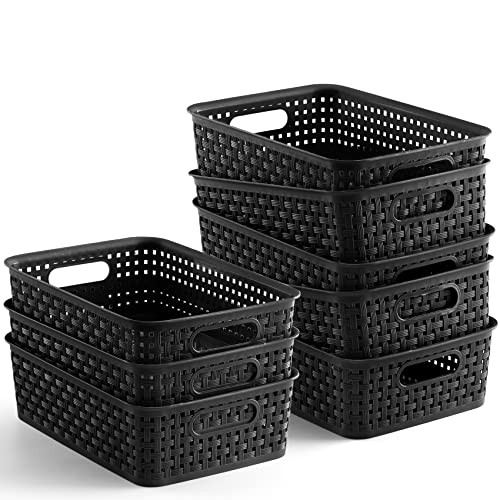 [ 8 Pack ] Plastic Storage Baskets, Small Pantry Organization and Storage Bins, Household Organizers for Laundry Room, Bathrooms, Kitchens, Cabinets, Countertops, Under Sink or Shelves, Black - color: Black