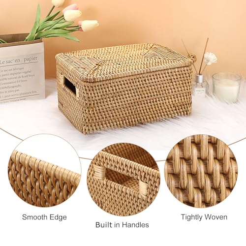Hipiwe Rattan Basket with Lid Rectangular Lidded Basket Natural Hand-Woven Wicker Storage Basket Bin for Shelf Organizing Picnic Food Bread Table Storage Basket, 12"x7.9"x 5.9" - size: 12"L x 7.9"W x 5.9"H
