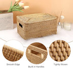 Hipiwe Rattan Basket with Lid Rectangular Lidded Basket Natural Hand-Woven Wicker Storage Basket Bin for Shelf Organizing Picnic Food Bread Table Storage Basket, 12"x7.9"x 5.9" - size: 12"L x 7.9"W x 5.9"H