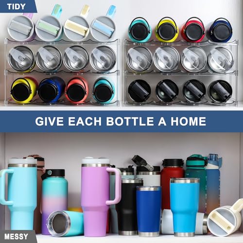 LARGER Compartment - 3 Tier Stackable Water Bottle Organizer Holder - for Stanley 40oz & Others' Large Tumbler - Clear Wine Rack, 12 Cup Bottle Holder for Cabinet Home Countertop Fridge Pantry Shelf - color: Clear, size: 3 Tier - Hold 12