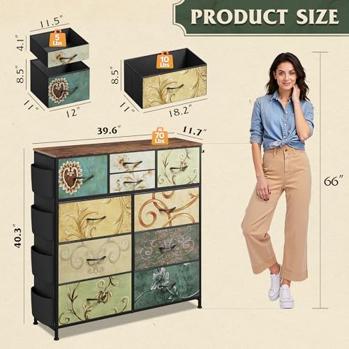 WLIVE Fabric Dresser for Bedroom with 10 Drawers, Chest of Drawers with Side Pockets and Hooks, Sturdy Metal Frame, Drawers Organizer Unit for Living Room, Hallway, Floral Painted - color: Floral Painted
