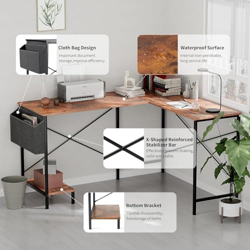 Alpen Corner Desk, L Shaped Gaming Desk with Storage Pocket and CPU Stand, Work Desk for Home Office, Small Corner Study Writing Table with Sturdy Metal Frame, 50 Inch, Rustic Brown - color: Rustic Brown, size: 50 Inches