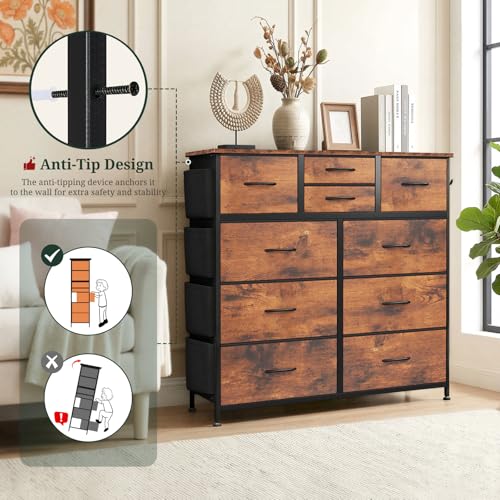 Dresser for Bedroom with Side Pockets and Hooks, 10 Drawers Storage Organizer Chest of Drawers, Sturdy Metal Frame for Living Room, Hallway, Closet, Brown - color: Brown