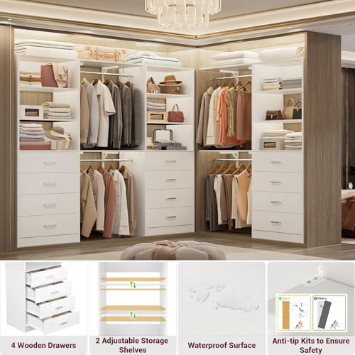 Aheaplus Closet Drawers Organizer System, 5.3FT Wood Closet System with 4 Drawers, Modular Walk-in Closets Storage Unit, Tall Bookshelf Storage Cabinet, White (3 Packs) - color: White, size: 63.8''