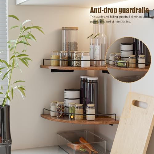 Corner Floating Shelves, Rustic Brown Wood, Set of 2, Wall Mount Storage with Guardrail for Bathroom Kitchen Living Room - color: Rustic Brown-2pack
