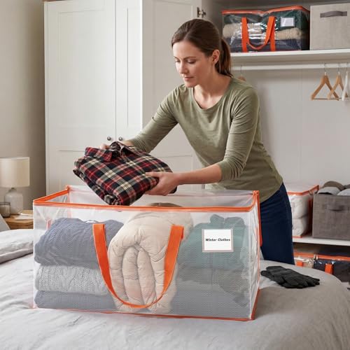 KYODOLED Clear Moving Bags with Orange Handles, 2-Pack Heavy Duty Storage Totes for Clothes & Bedding, Extra Large 27"x14"x15" (24 Gal), Foldable Transparent Moving Supplies with Label Pocket - color: Clear+Orange, size: 2PACK